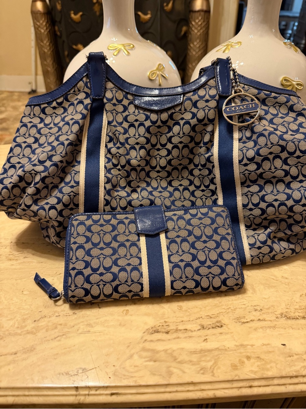 Coach Navy and Cream Signature Canvas Shoulder Bag with Matching Wallet